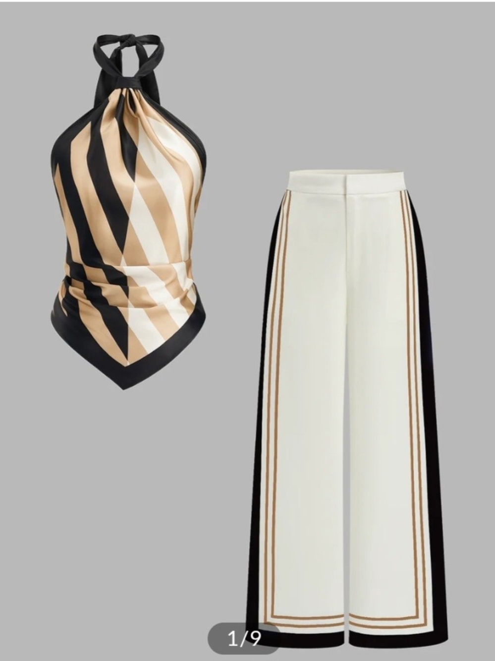 Commense Black, Cream & Tan Striped Halter Top with Wide-Leg Cream Pants Set
